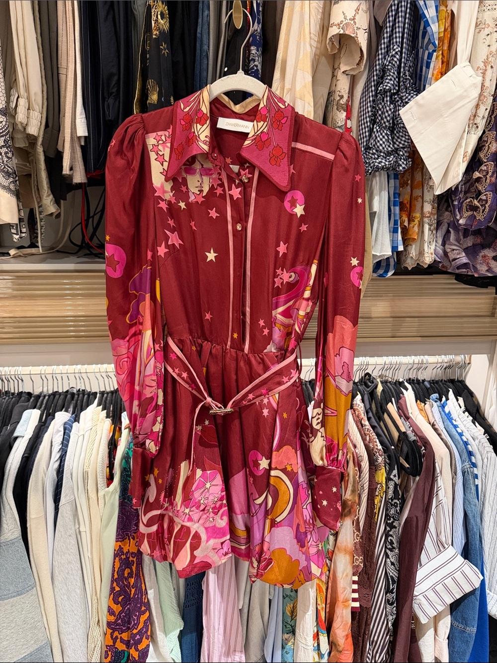 Zimmermann Runway Maroon Long-Sleeve Floral & Star Print Shirt Dress